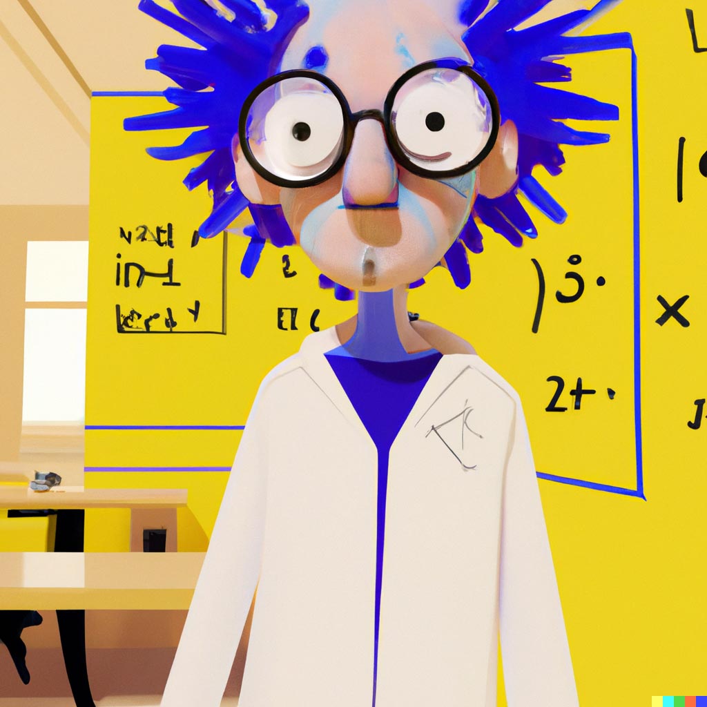DALL·E prompt: Cartoon scientist with blue hair made of numbers wearing glasses and a white lab coat in an all yellow room, digital art